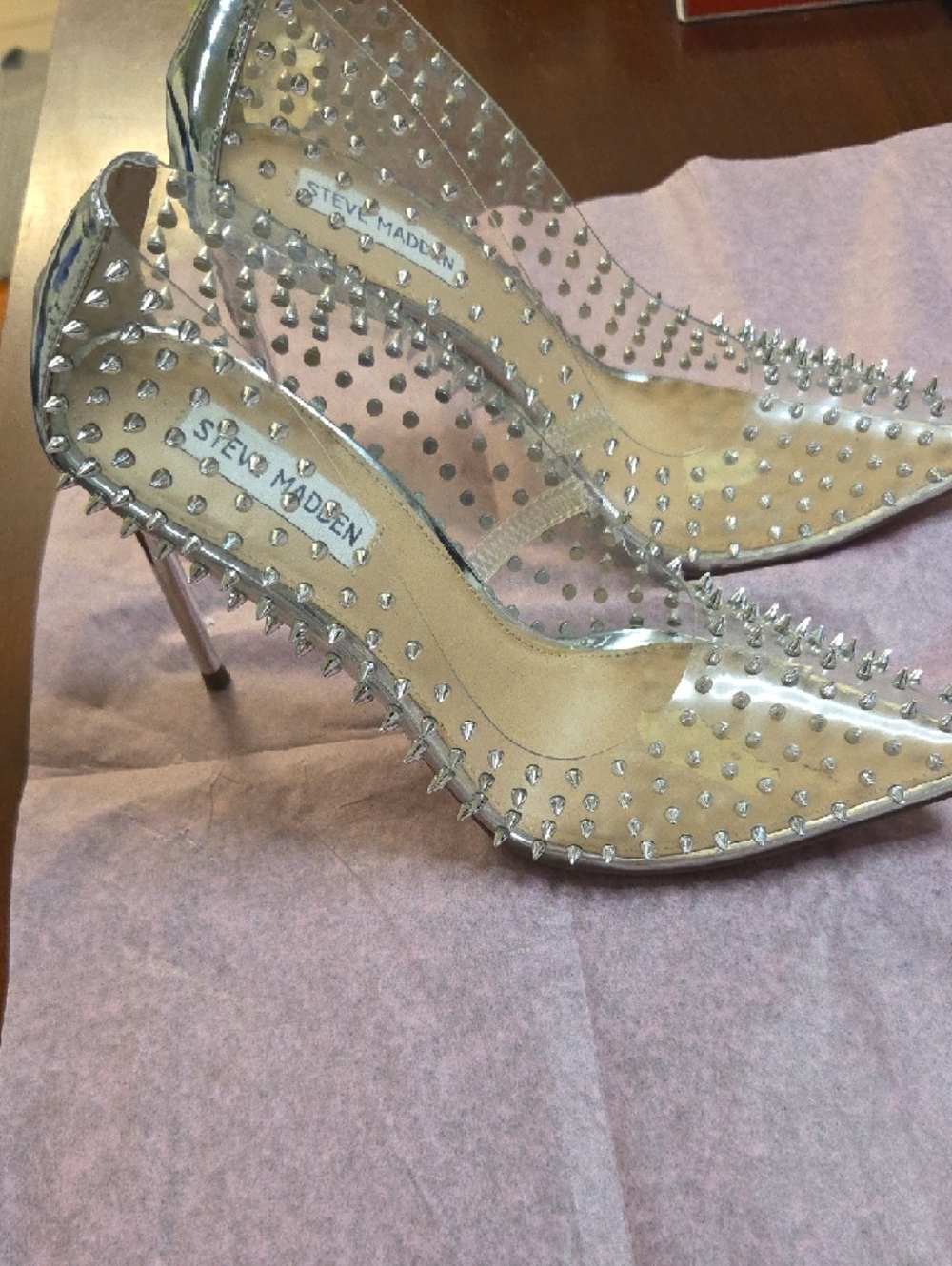 Steve Madden Clear Pointed Pumps with Silver Spikes - Picture 3 of 7